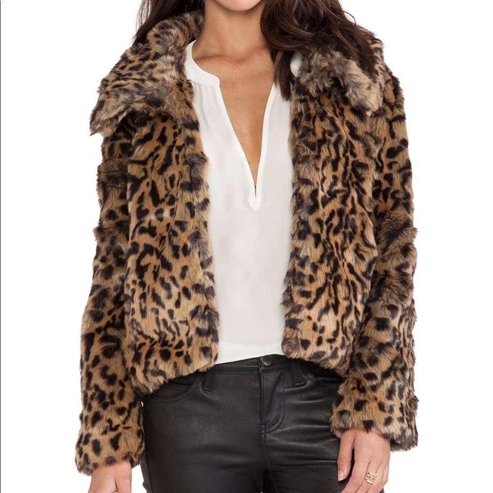 Bardot Leopard Crop Faux Fur Jacket